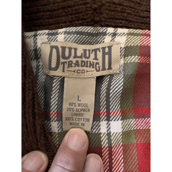 Duluth Trading Brown Woolpaca Shawl Collar Cardigan Mens Large Flannel Lining - Picture 7 of 9